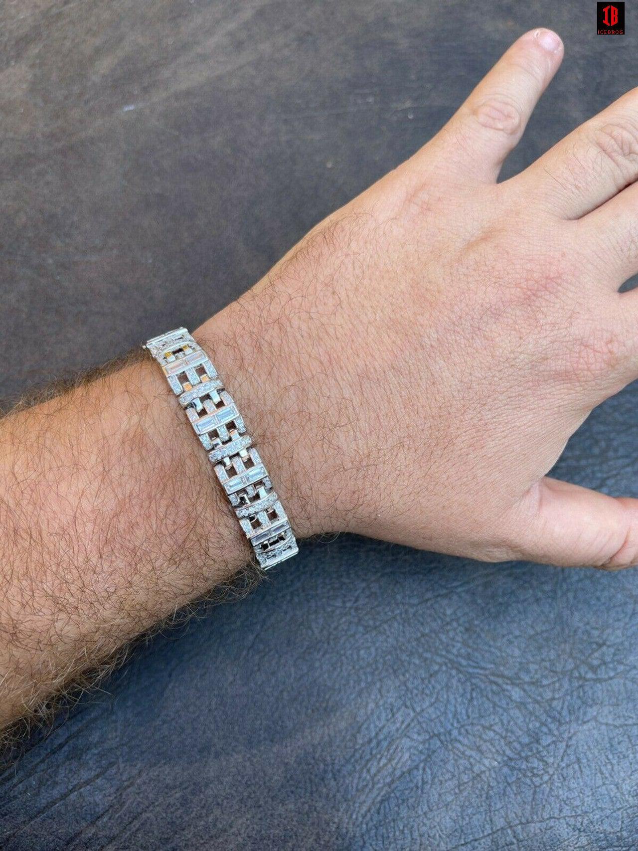 Mens Custom Link Bracelet Real WHITE Gold Vermeil Silver Iced Baguette Out Diamond