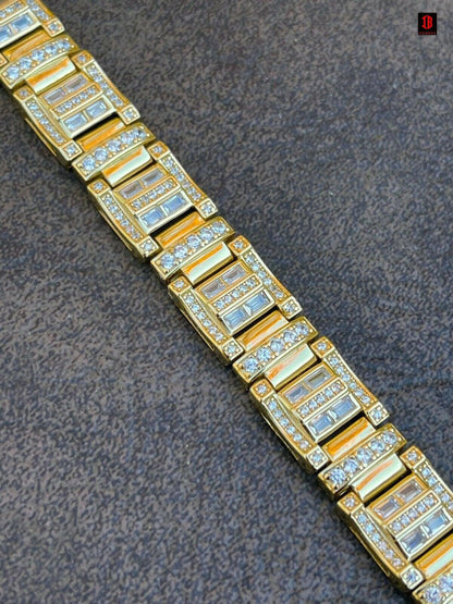 Men’s Custom Link Real YELLOW GOLD PLATED 925 Sterling Silver Bracelet Iced Baguette Diamond