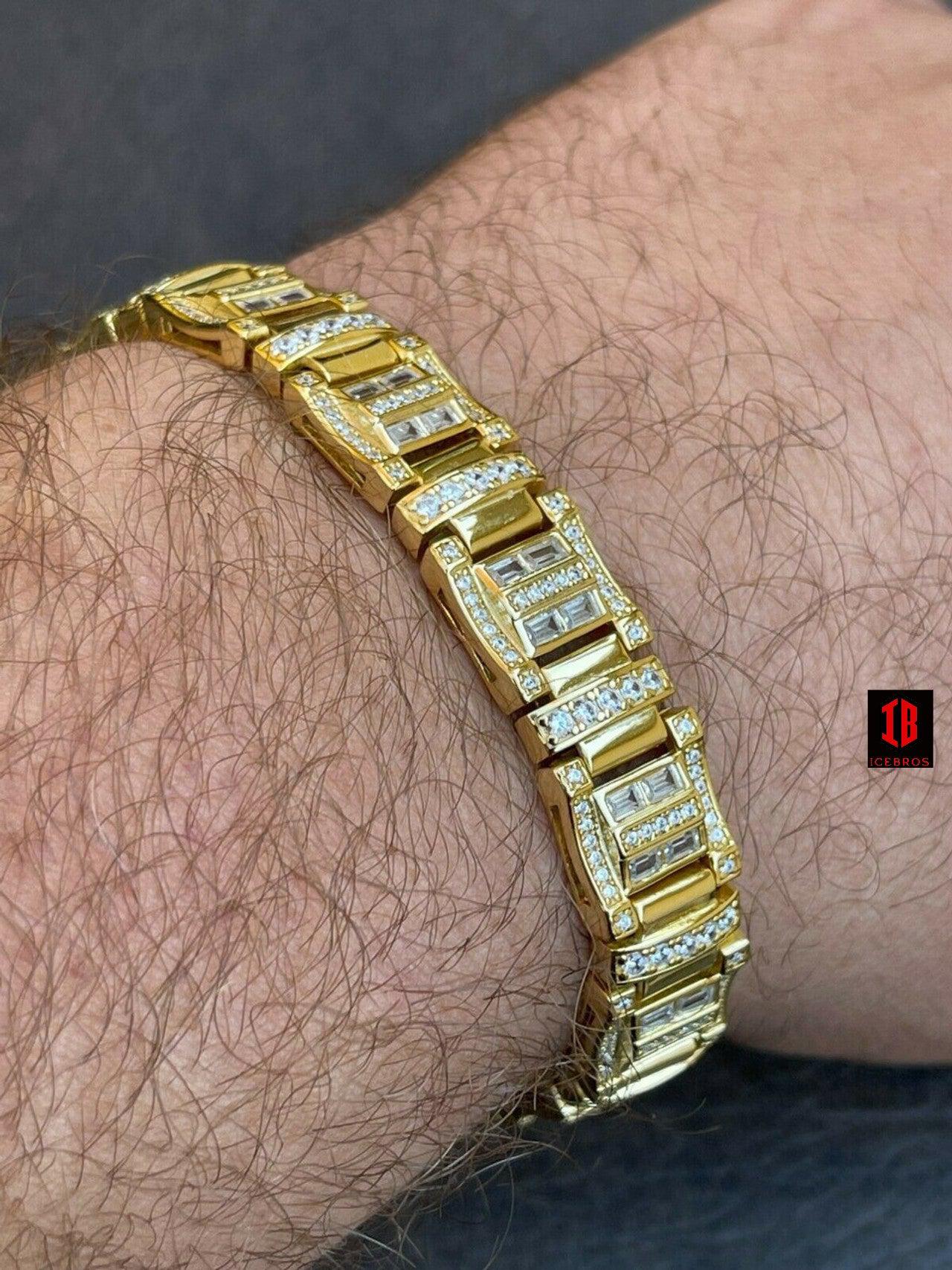 Men’s Custom Link Real YELLOW GOLD PLATED 925 Sterling Silver Bracelet Iced Baguette Diamond