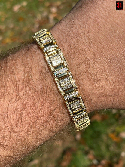 Men’s Custom Link Real 925 Sterling Silver Bracelet Iced Baguette Diamond