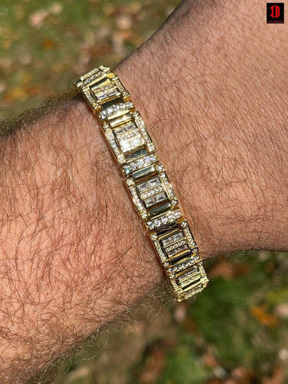 Men’s Custom Link Real YELLOW GOLD PLATED 925 Sterling Silver Bracelet Iced Baguette Diamond