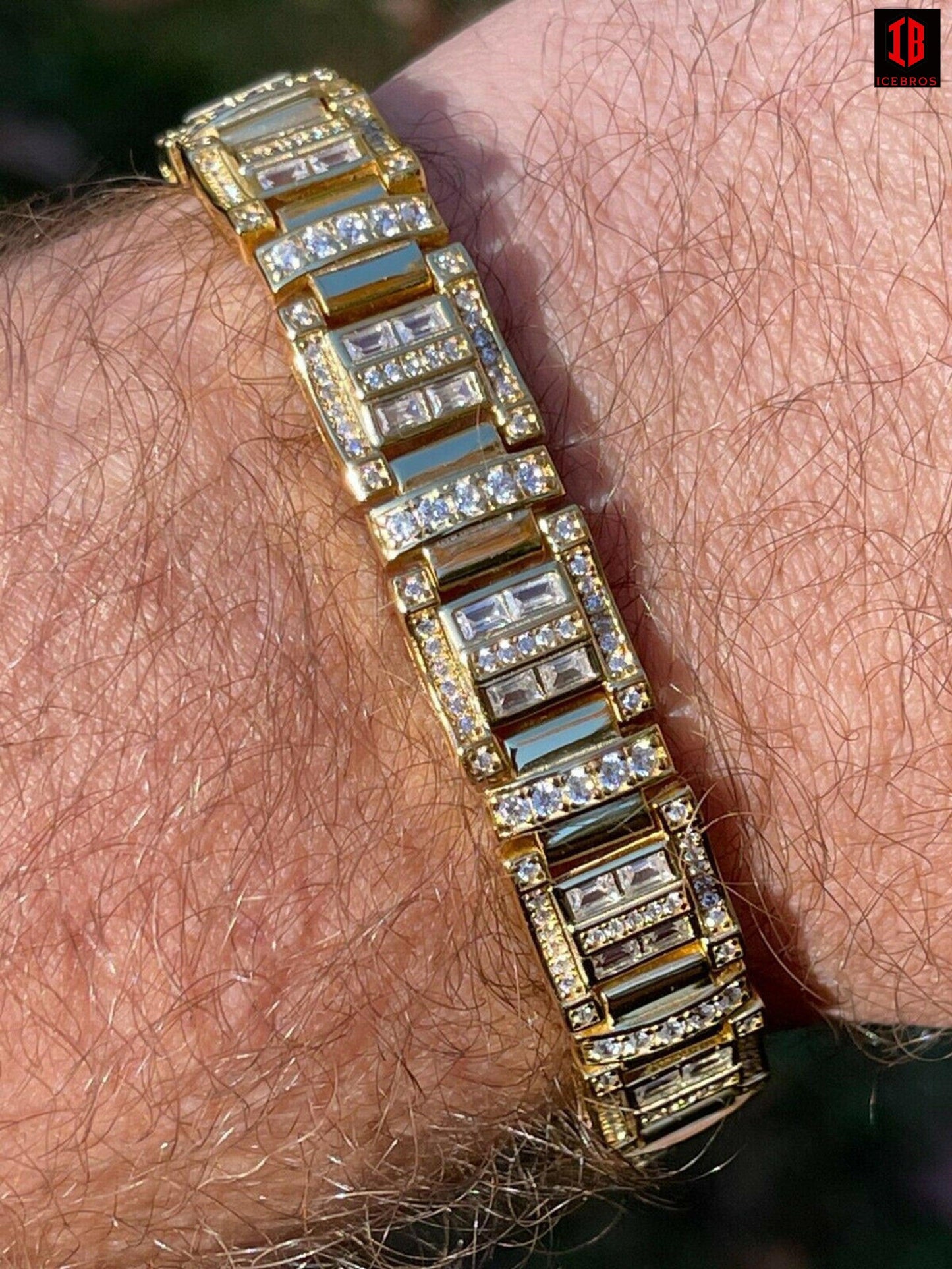 Men’s Custom Link Real YELLOW GOLD PLATED 925 Sterling Silver Bracelet Iced Baguette Diamond