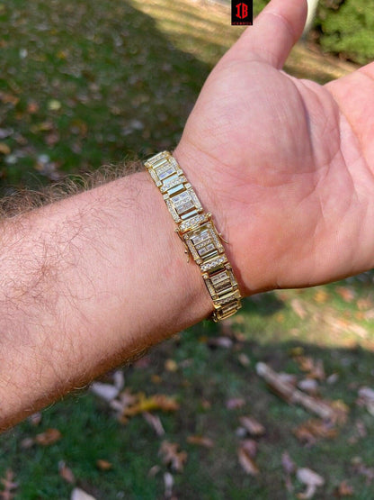 Men’s Custom Link Real YELLOW GOLD PLATED 925 Sterling Silver Bracelet Iced Baguette Diamond