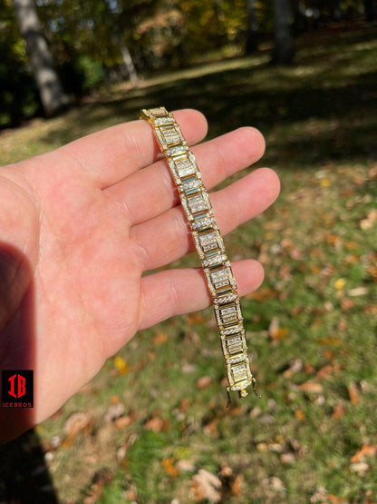 Men’s Custom Link Real 925 Sterling Silver Bracelet Iced Baguette Diamond