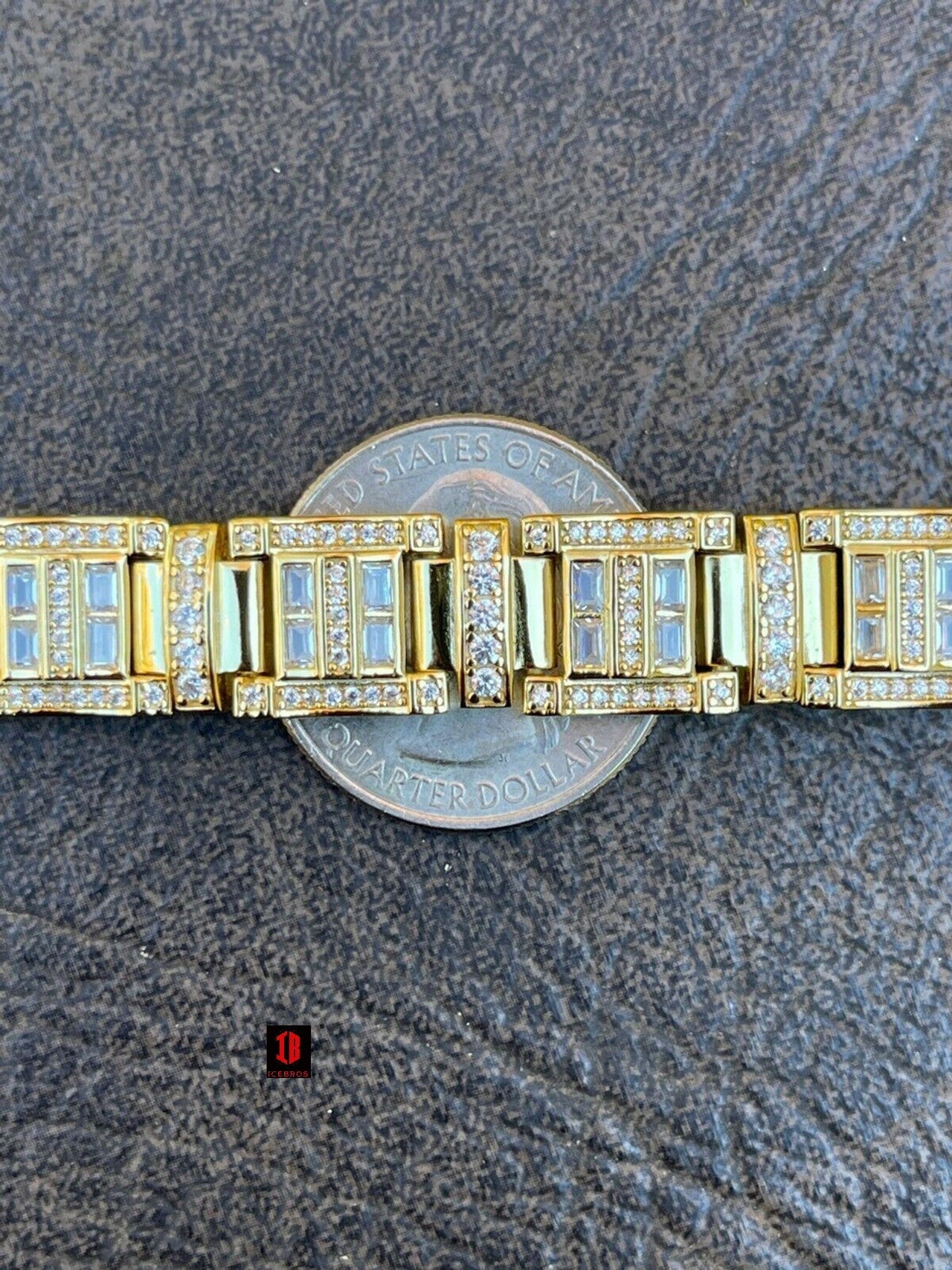 Men’s Custom Link Real YELLOW GOLD PLATED 925 Sterling Silver Bracelet Iced Baguette Diamond