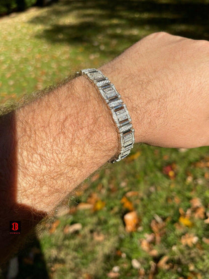 Men’s Custom Link Real 925 Sterling Silver Bracelet Iced Baguette Diamond