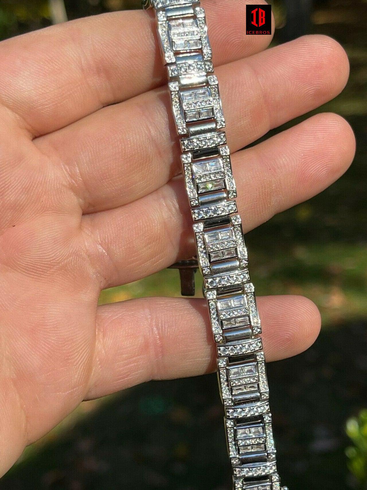 Men’s Custom Link Real 925 Sterling Silver Bracelet Iced Baguette Diamond