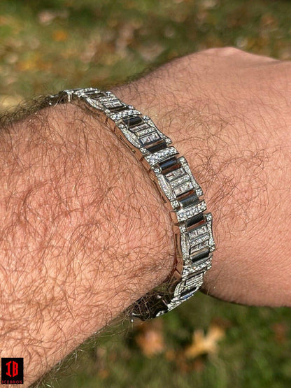 Men’s Custom Link Real 925 Sterling Silver Bracelet Iced Baguette Diamond