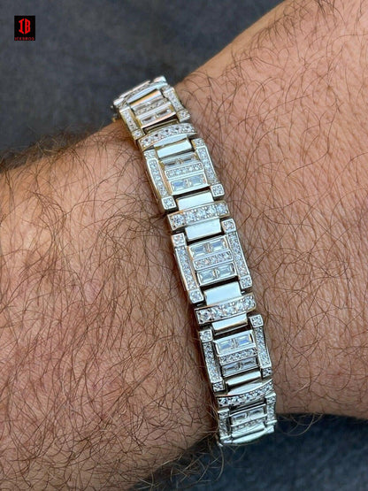 Men’s Custom Link Real 925 Sterling Silver Bracelet Iced Baguette Diamond