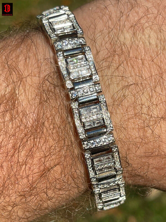 Men’s Custom Link Real 925 Sterling Silver Bracelet Iced Baguette Diamond