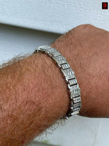 Mens Custom 14K Gold Vermeil Real 925 Silver Bracelet Iced Baguette Diamond Out