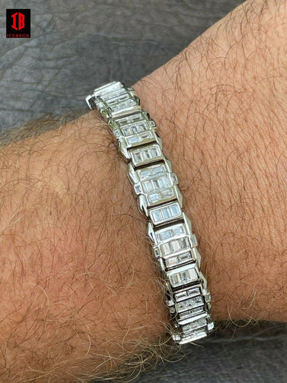 Mens Custom 14K Gold Vermeil Real 925 Silver Bracelet Iced Baguette Diamond Out