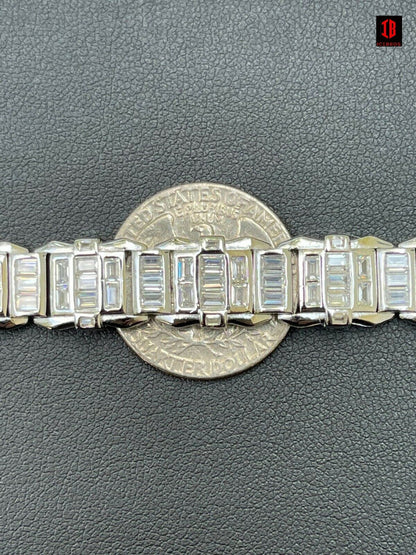 Mens Custom 14K Gold Vermeil Real 925 Silver Bracelet Iced Baguette Diamond Out