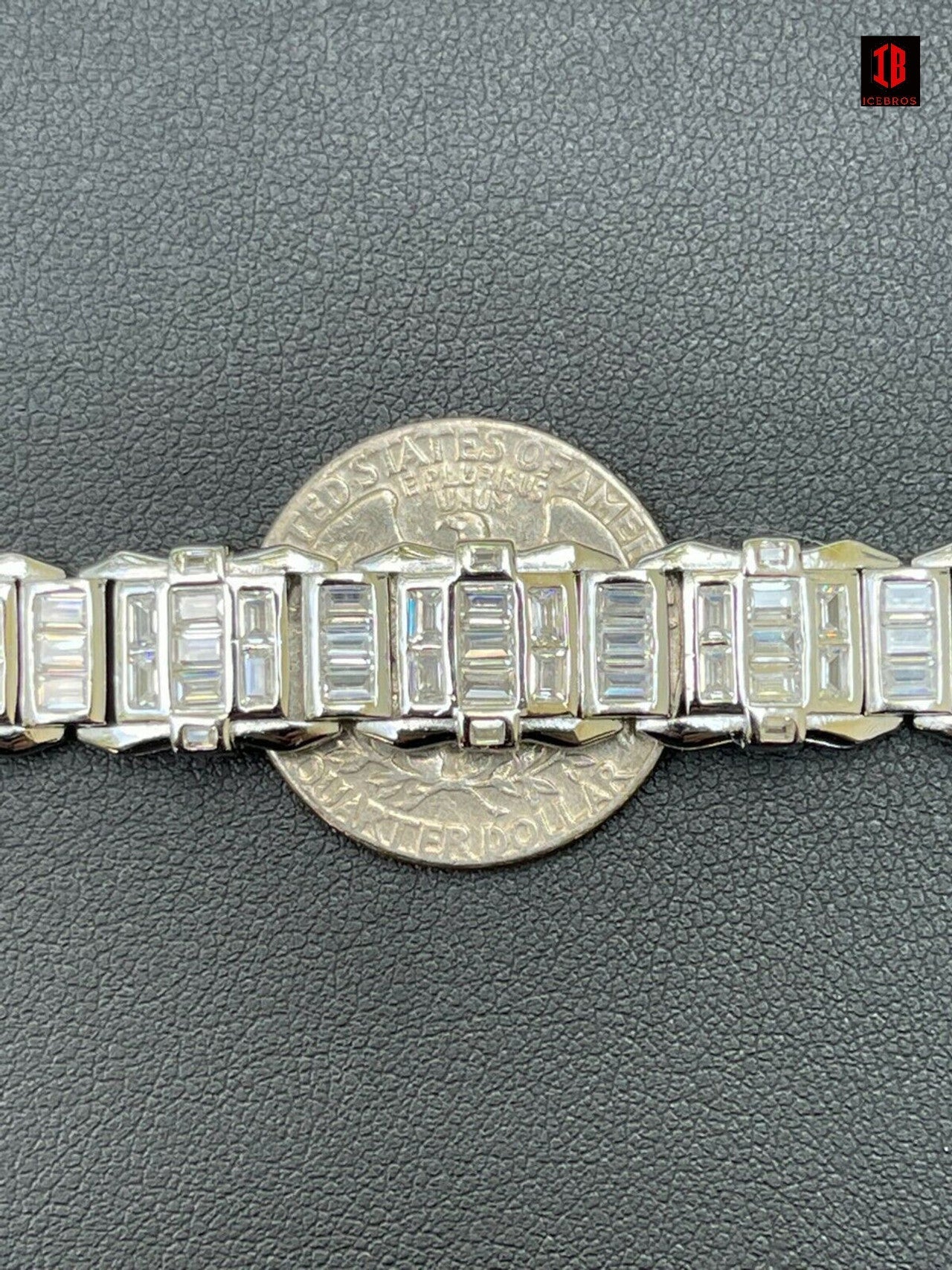 Mens Custom WHITE Gold Vermeil Real 925 Silver Bracelet Iced Baguette Diamond Out