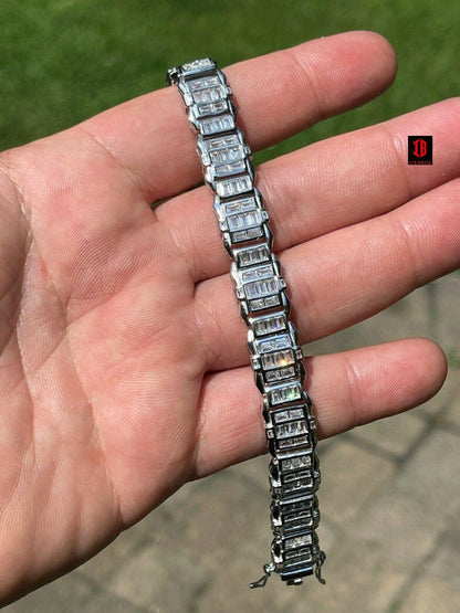 Mens Custom WHITE Gold Vermeil Real 925 Silver Bracelet Iced Baguette Diamond Out