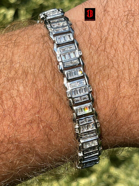 Mens Custom WHITE Gold Vermeil Real 925 Silver Bracelet Iced Baguette Diamond Out