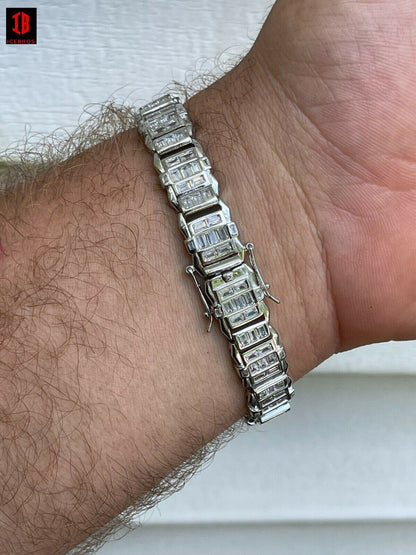 Mens Custom 14K Gold Vermeil Real 925 Silver Bracelet Iced Baguette Diamond Out