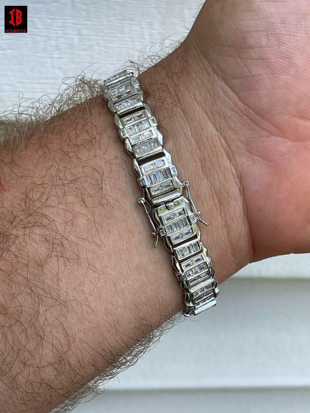 Mens Custom WHITE Gold Vermeil Real 925 Silver Bracelet Iced Baguette Diamond Out