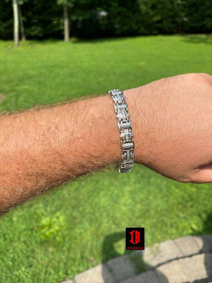 Men’s Custom Link Real 925 Sterling Silver Bracelet Iced Baguette Out Hip Hop