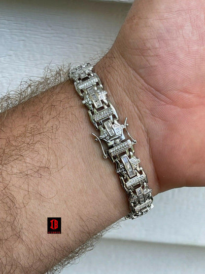 Men’s Custom Link Real 925 Sterling Silver Bracelet Iced Baguette Out Hip Hop