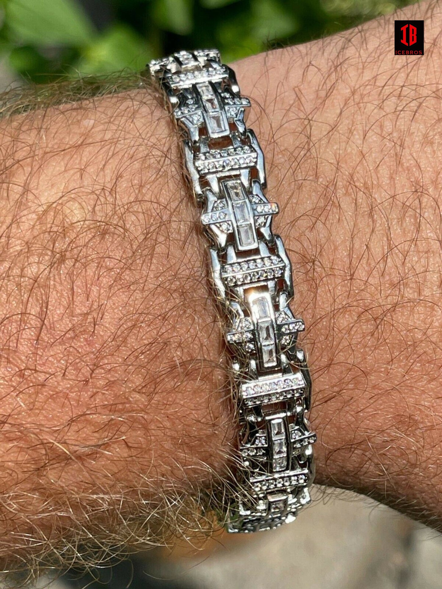 Men’s Custom Link Real 925 Sterling Silver Bracelet Iced Baguette Out Hip Hop