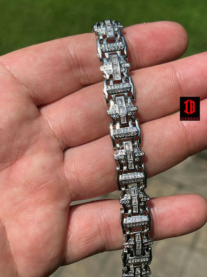 Men’s Custom Link Real 925 Sterling Silver Bracelet Iced Baguette Out Hip Hop