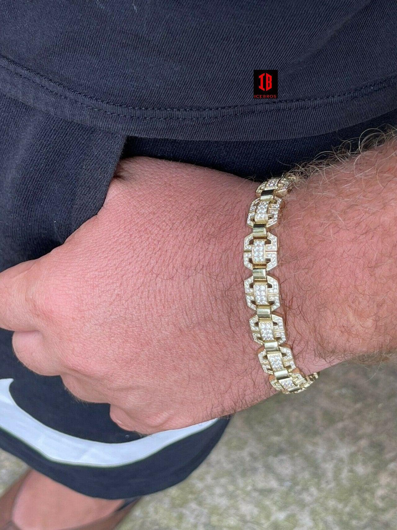 Men’s Custom Square Link White Gold Vermeil Real 925 Sterling Silver Bracelet Iced