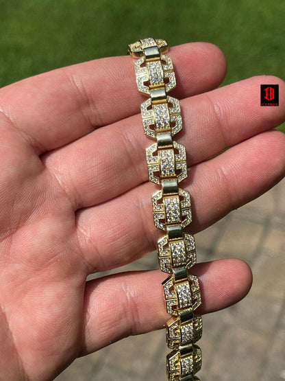 Men’s Custom Square Link 14k Gold Vermeil Real 925 Sterling Silver Bracelet Iced