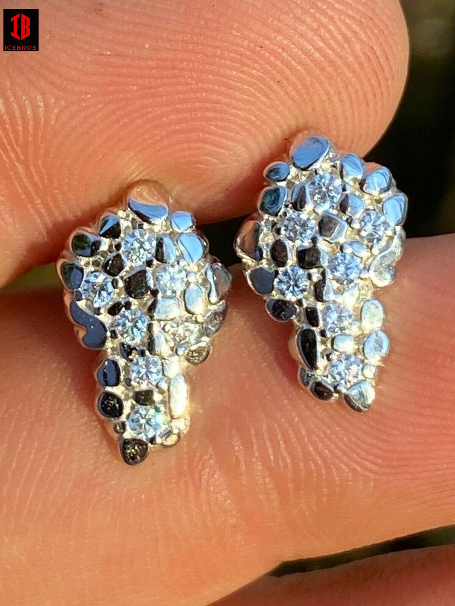Mens Real Solid 925 Sterling Silver & 14k Gold Nugget Earrings Large Iced Studs