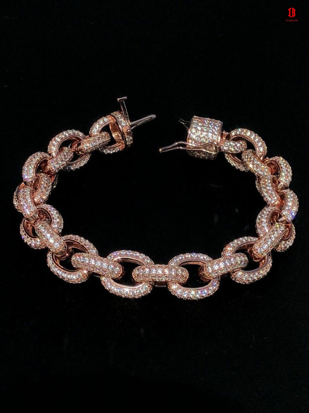 Mens Iced Hip Hop Rolo Bracelet PINK ROSE GOLD Solid 925 Silver Diamonds 12mm