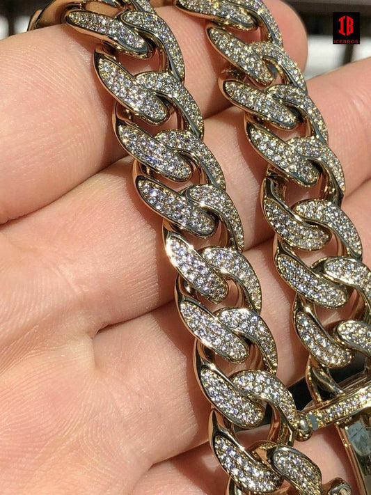 Mens ICY Miami Cuban Link 8.5inch Bracelet 14k Gold Plated 12mm 10ct Lab Diamonds