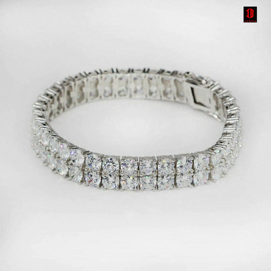 Mens Ladies 10mm Thick Two Row Tennis Bracelet Solid 925 Silver 6-9inch 5mm Diamond