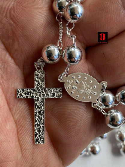 Men's Big Large Rosary Beads Chain Solid 925 Sterling Silver Rosario ITALY 8mm