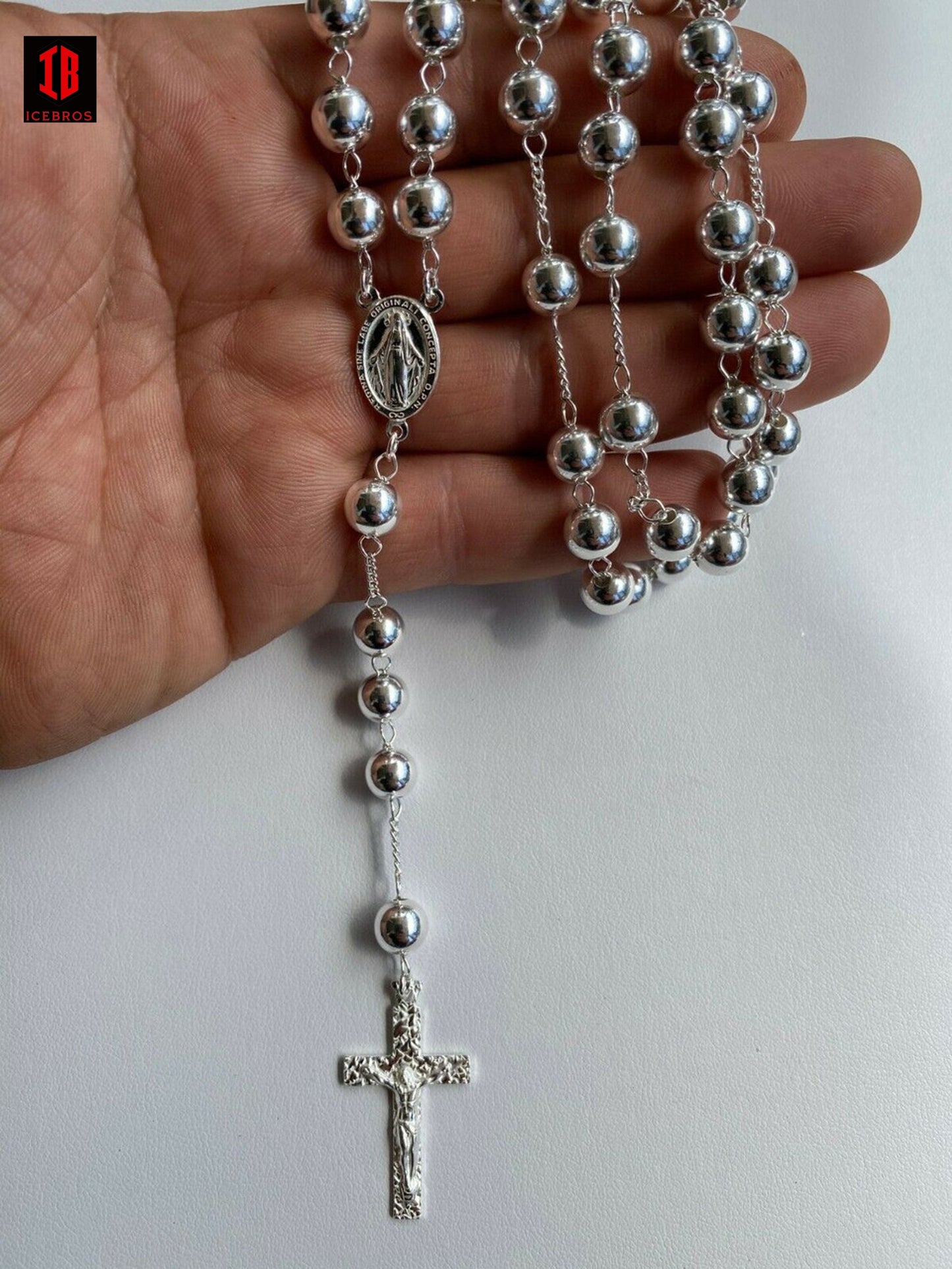 Men's Big Large Rosary Beads Chain Solid 925 Sterling Silver Rosario ITALY 8mm