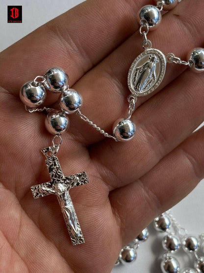 Men's Big Large Rosary Beads Chain Solid 925 Sterling Silver Rosario ITALY 8mm