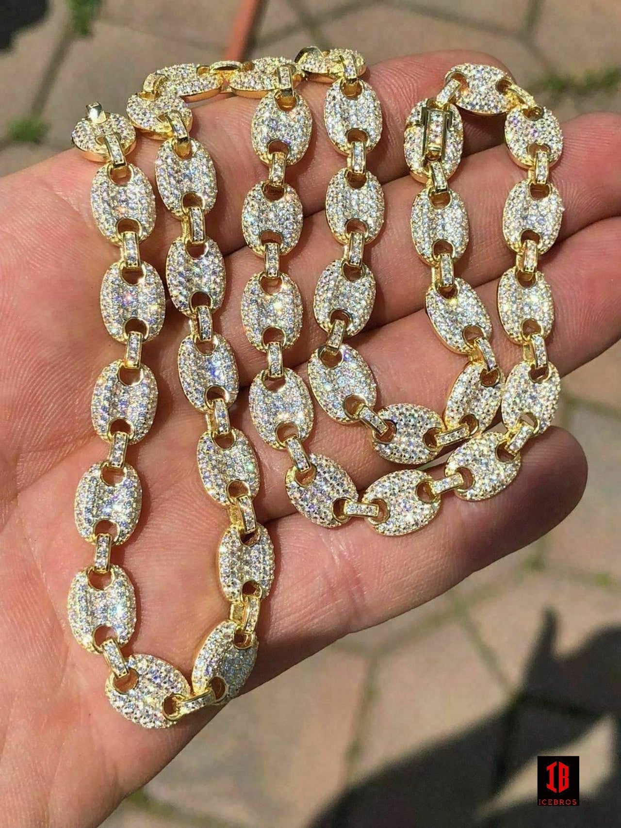 YELLOW GOLD Men's Mariner Gucci Link Chain ICY Man Made Diamonds Solid 925 Silver 8mm Thick