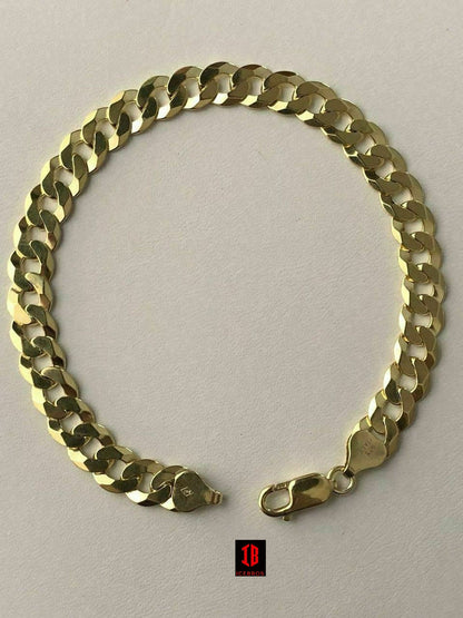 Real 14k Gold Vermeil 925 Sterling Silver Flat Cuban Bracelet Mens Ladies (3-11mm)