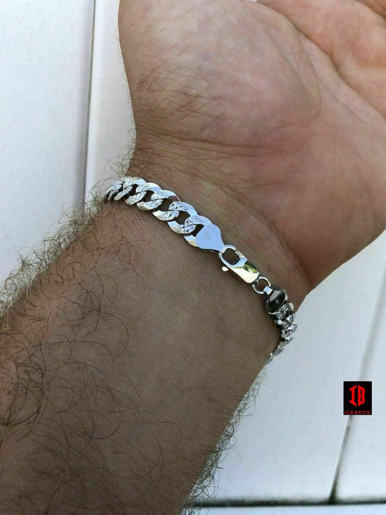 Real Solid 925 Vermeil Silver Mens Miami Cuban Link Bracelet Diamond Cut (5mm,8mm)