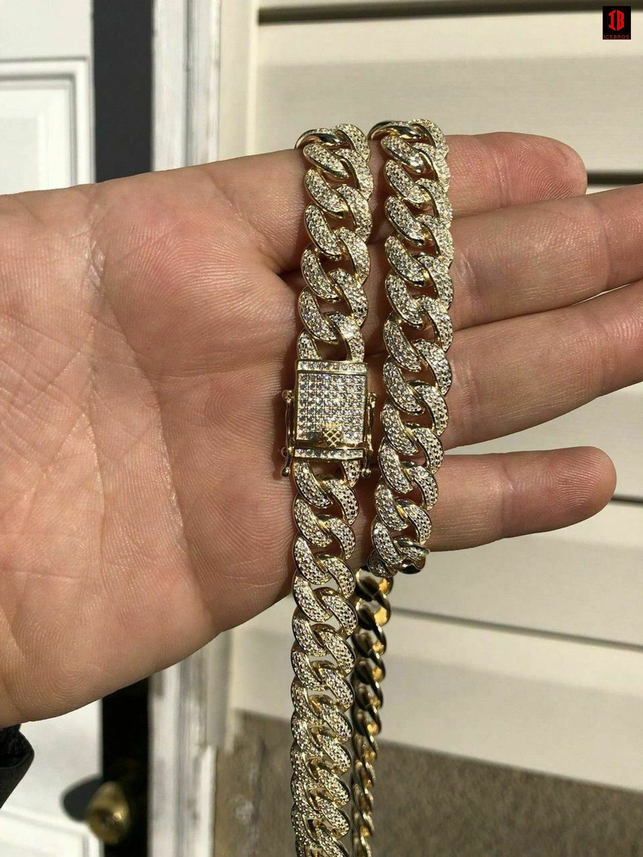 YELLOW GOLD Mens Cuban Miami Link 12mm Chain 925 Silver 40-60ct Man Made Diamonds 18-30inch