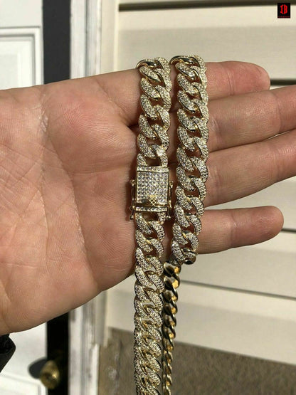 TRI-TONE GOLD Mens Cuban Miami Link 12mm Chain 925 Silver 40-60ct Man Made Diamonds 18-30inch