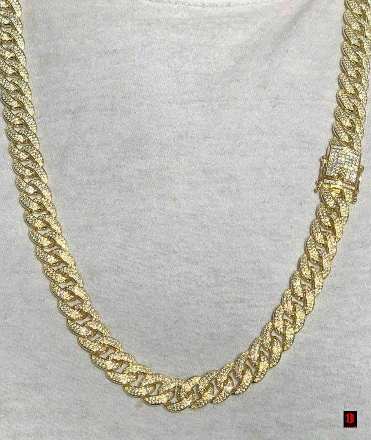 YELLOW GOLD Mens Cuban Miami Link 12mm Chain 925 Silver 40-60ct Man Made Diamonds 18-30inch