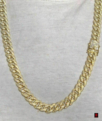 YELLOW GOLD Mens Cuban Miami Link 12mm Chain 925 Silver 40-60ct Man Made Diamonds 18-30inch