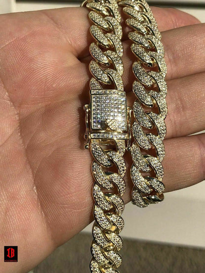 WHITE GOLD Mens Cuban Miami Link 12mm Chain 925 Silver 40-60ct Man Made Diamonds 18-30inch