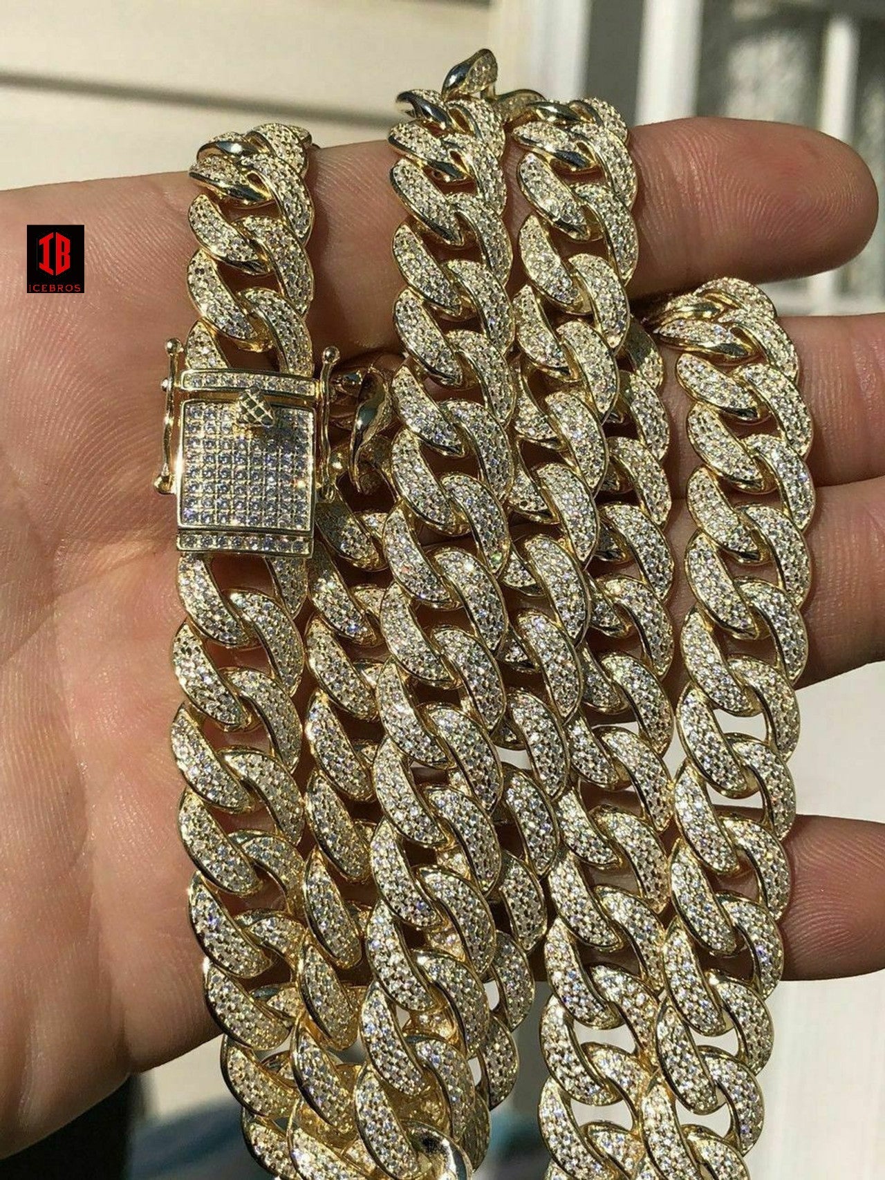 WHITE GOLD Mens Cuban Miami Link 12mm Chain 925 Silver 40-60ct Man Made Diamonds 18-30inch