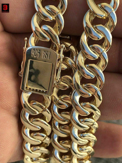 TRI-TONE GOLD Mens Cuban Miami Link 12mm Chain 925 Silver 40-60ct Man Made Diamonds 18-30inch