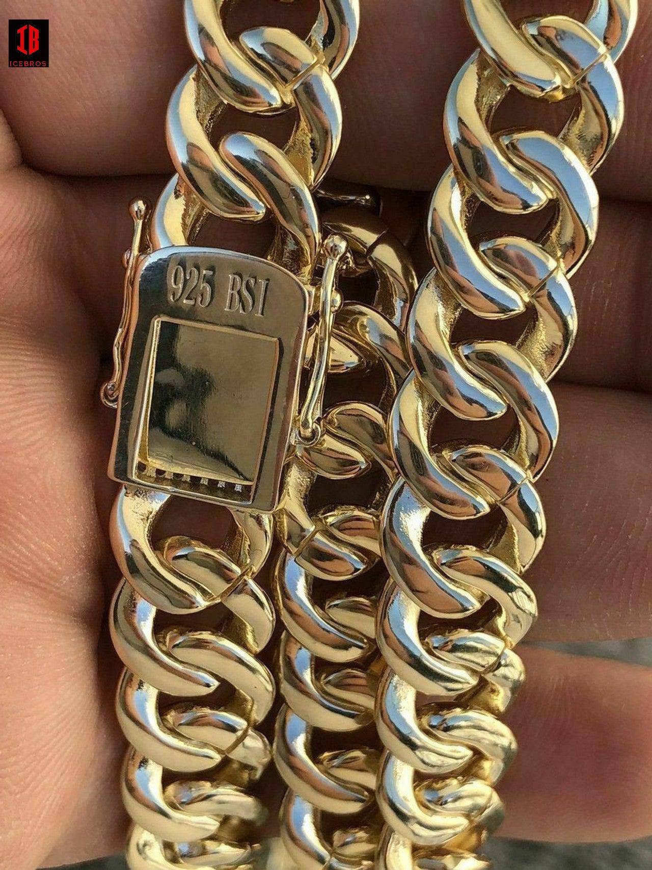 YELLOW GOLD Mens Cuban Miami Link 12mm Chain 925 Silver 40-60ct Man Made Diamonds 18-30inch