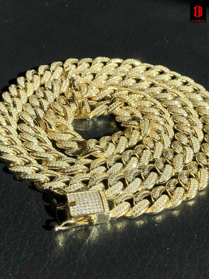 TRI-TONE GOLD Mens Cuban Miami Link 12mm Chain 925 Silver 40-60ct Man Made Diamonds 18-30inch