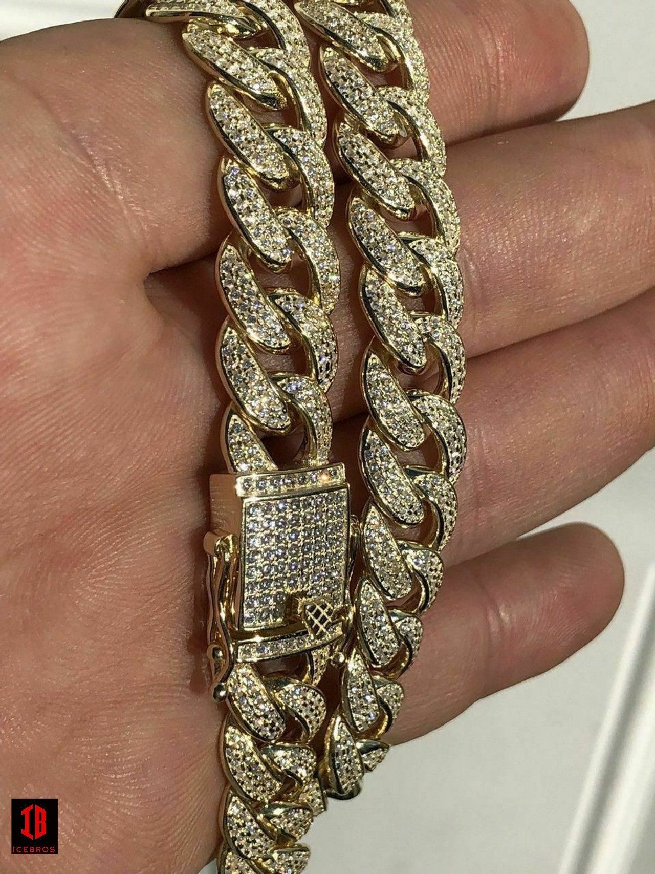 YELLOW GOLD Mens Cuban Miami Link 12mm Chain 925 Silver 40-60ct Man Made Diamonds 18-30inch