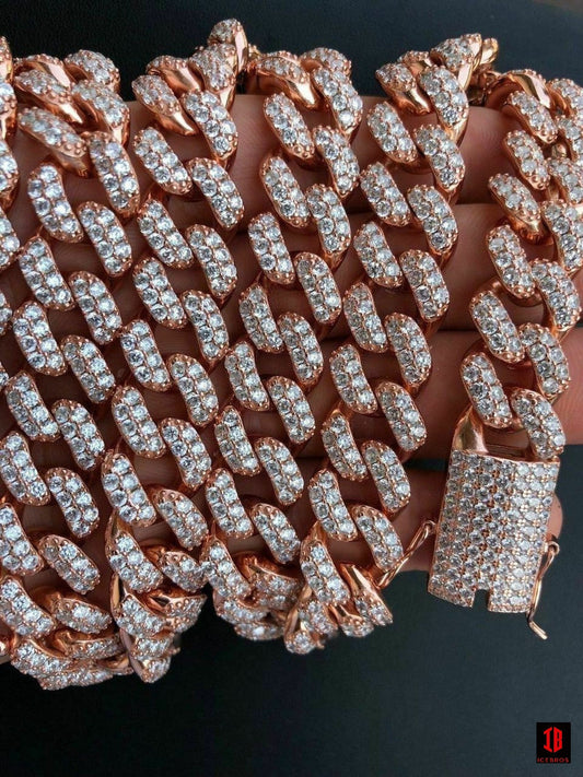 ROSE GOLD 15mm Mens Miami Cuban Link Chain 925 Sterling Silver Diamonds HIP HOP Tri Color