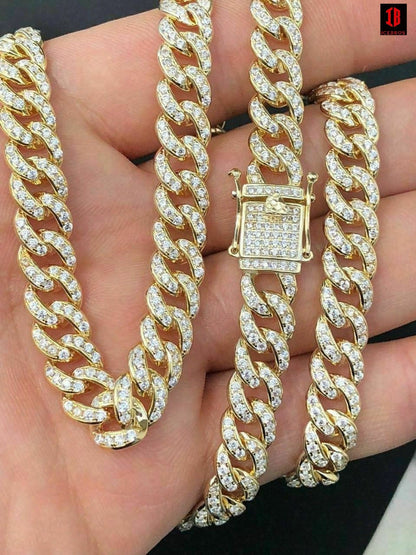 WHITE GOLD Mens Miami Cuban Link 9mm Chain 14k Gold Over Solid 925 Silver 25ct Man Made Diamonds